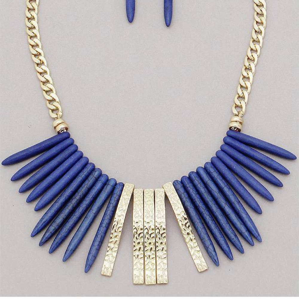Royal Blue Stone Spike Drops Gold Necklace Earring - Picture 1 of 4